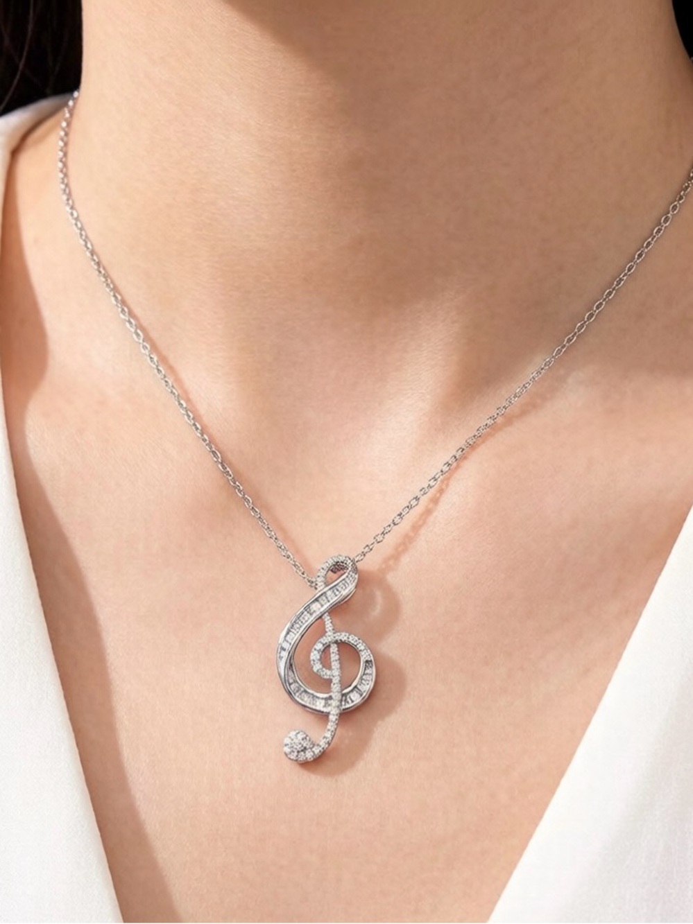 Anthropologie Silver Treble Clef Pendant Necklace with Sparkling Stones